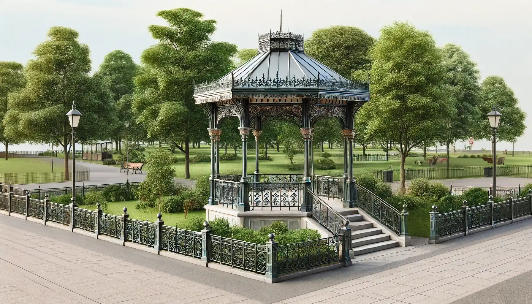 Un quiosco de parque con intrincadas barandillas metálicas decorativas pilares clásicos y un techo inclinado ubicado en un parque público.