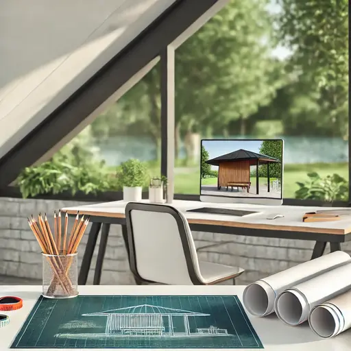 Un espacio de trabajo de estudio de diseño creativo con un escritorio moderno y elegante, planos arquitectónicos, bocetos y modelos 3D de un quiosco de parque.