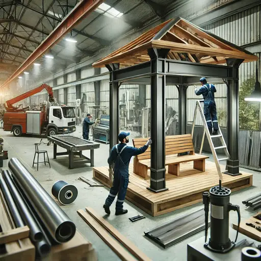 Un taller de fabricación con trabajadores calificados que construyen una estructura de quiosco en un almacén. La escena muestra un entorno industrial moderno con herramientas como la soldadura.