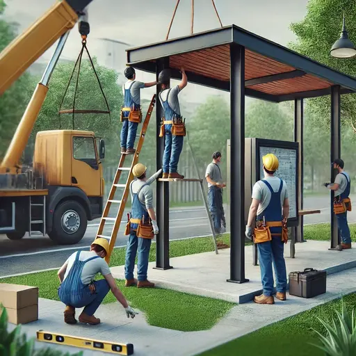 Un equipo profesional instalando un quiosco en un espacio público. La escena muestra a los trabajadores montando la estructura en el lugar, utilizando herramientas como grúas.