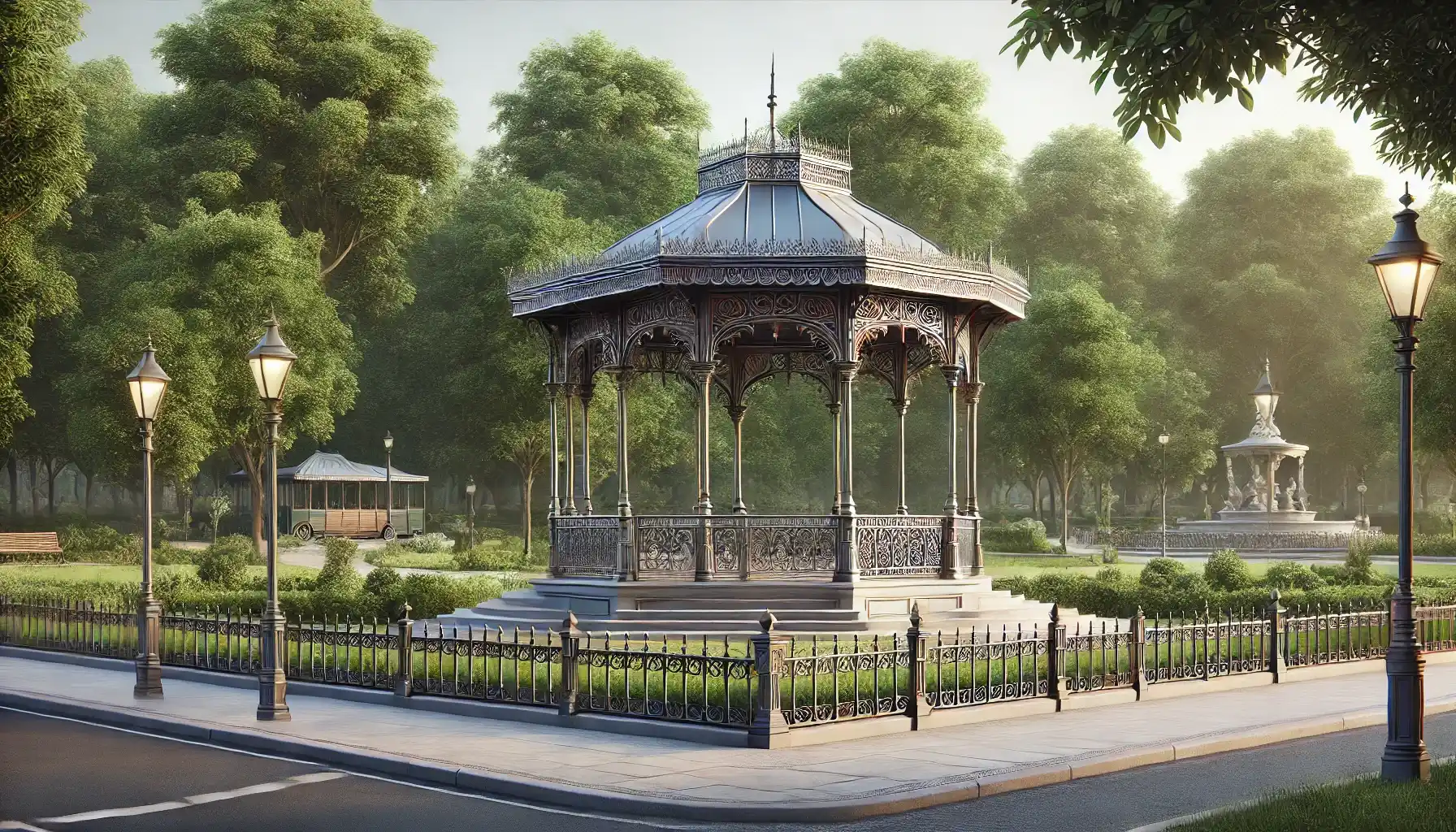 Un quiosco de parque con intrincadas barandillas metálicas decorativas, pilares clásicos y un techo inclinado, ubicado en un parque público. El quiosco está rodeado de árboles y vegetación.